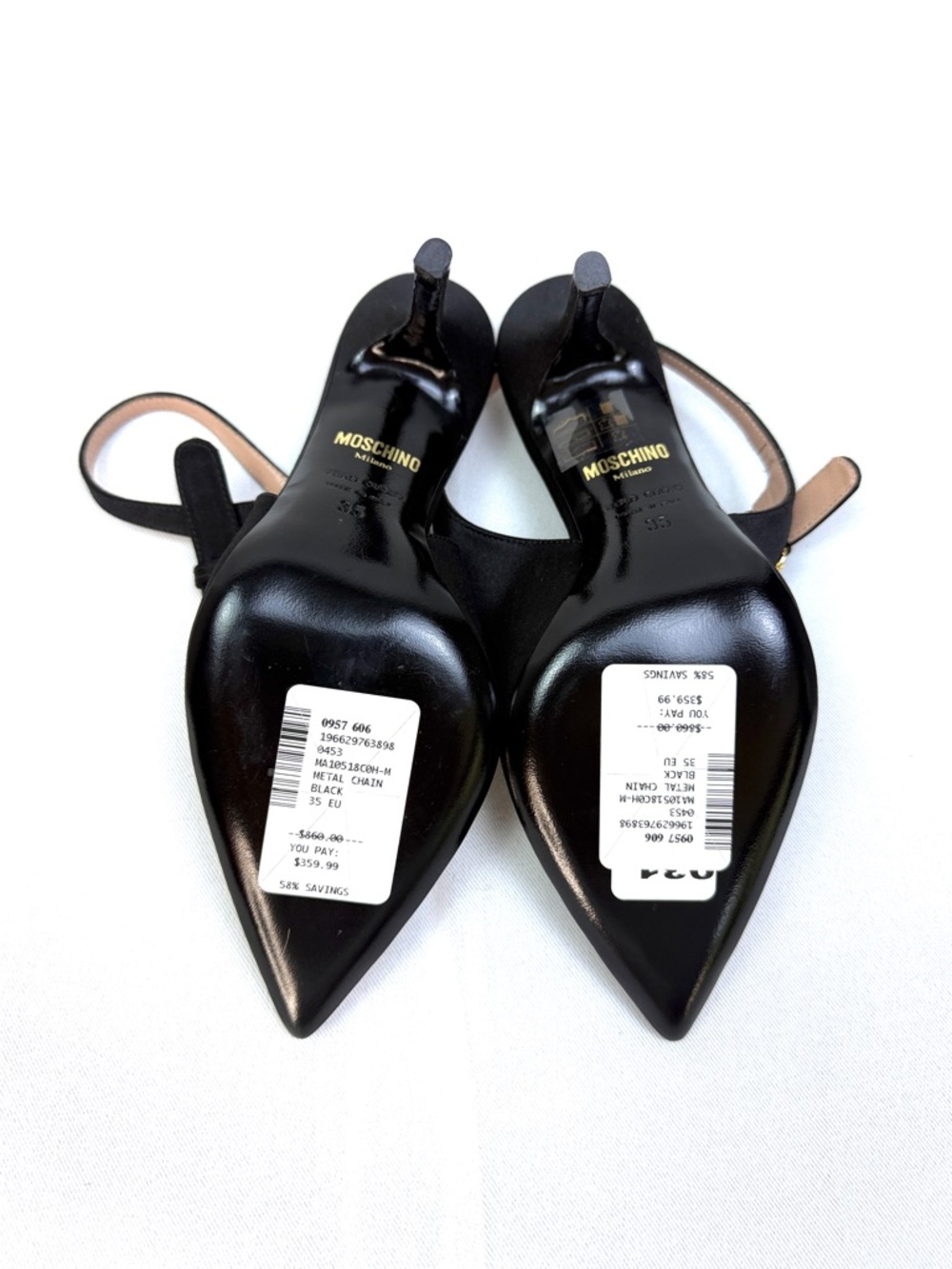 Moschino Crystal Chain Slingback Pumps Black Silk Satin Heels EU 35 NWO Box - Picture 4 of 13